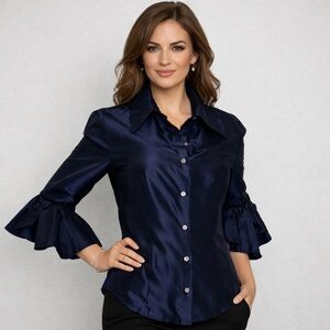 Naeem Khan Navy Blue 100% Silk Ruffle 3/4 Sleeves Button Front Blouse Size 8